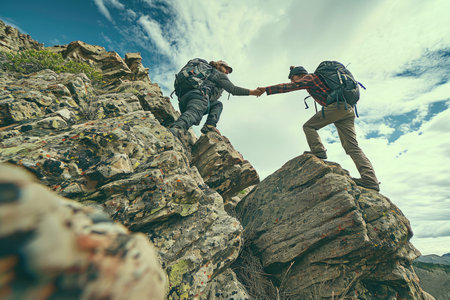 A couple of men fearlessly conquer the vertical challenge of ascending a majestic mountain, A high-spirited hiker seeking his friendÃ¢â¬â¢s hand to climb the mountain, AI Generatedの素材