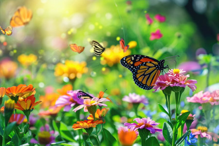 A picturesque field teems with butterflies and a variety of eye-catching, vibrant flowers, A beautiful butterfly garden with flowers in full bloom and butterflies fluttering about, AI Generatedの素材