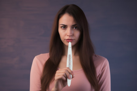 A woman standing in a bathroom holds a toothbrush up to her face as she looks in the mirror, Frustrated disappointed woman holding a negative pregnancy test, difficulties conceiving, AI Generatedの素材