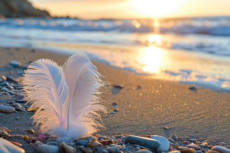 A lone white feather delicately rests upon the sandy surface of a tranquil beach, creating a minimalistic and serene composition, A delicate heart-shaped feather on a sandy beach, AI Generatedの素材
