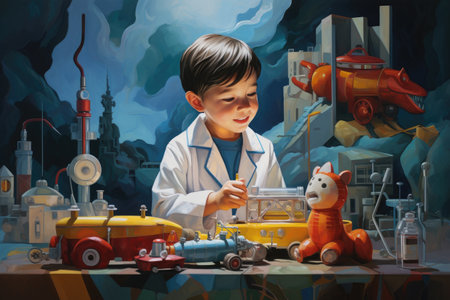 A colorful painting depicting a boy engrossed in play as he interacts with an array of toys., Online pediatrician, AI Generatedの素材