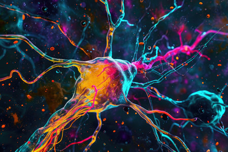 This stunning computer-generated image showcases a neme, a fascinating artificially created jellyfish-like organism, A colorful representation of the nerve damage, AI Generatedの素材