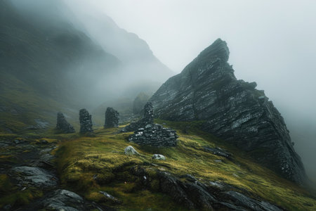 This stunning photo captures a majestic rocky mountain with lush grass and rugged rocks in the foreground, A foggy mountain pass with ancient stone structures, AI Generatedの素材