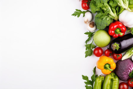 A vibrant assortment of various fresh vegetables placed on a simple white background, Fresh vegetables background, white background with vegetables, AI Generatedの素材