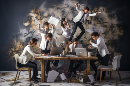 A diverse group of individuals focused on their laptops, collaborating and working together at a table, Successful teamwork in a modern office, AI Generatedの素材