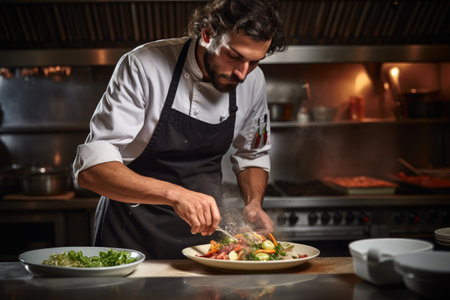 A man is captured in the kitchen, skillfully preparing food on a plate for a delicious meal, Professional male chef in a kitchen making an elaborated dish, AI Generatedの素材