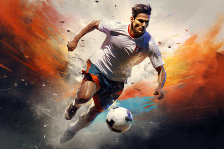 A skilled athlete kicks a soccer ball on top of a grassy field, showcasing his expertise in the sport, Soccer player in action Run with a ball, AI Generatedの素材