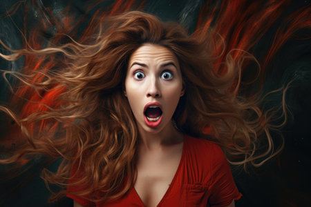 Free-spirited woman embraces the wind as her hair flies gracefully through the air, Young woman giving shocking expression, AI Generatedの素材