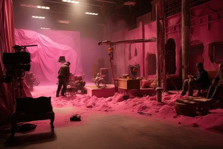 A gathering of individuals in a room illuminated by vibrant pink lights, Pink film set, Film shooting, AI Generatedの素材