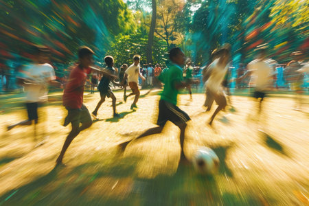 Blurry Photo of Kids Playing Soccer in Action, A lively game of soccer played by energetic youths in a colorful park, AI Generatedの素材