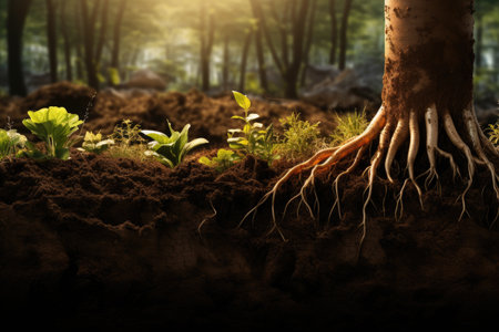 A picturesque tree stands tall, its roots fully visible, creating a stunning display of natures intricate design, Organic farm scene with details of soil and plant roots, AI Generatedの素材