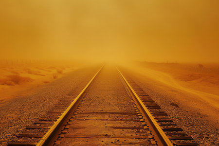 A lone train track stretches endlessly across a barren desert, evoking a sense of solitude and mystery, A long stretch of railroad tracks disappearing into a sandstorm, AI Generatedの素材