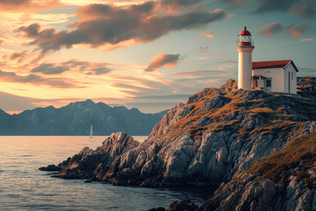 A picture capturing a majestic lighthouse standing tall on a jagged rock, with the vast ocean in the background, A charming lighthouse on a rocky coast, AI Generatedの素材