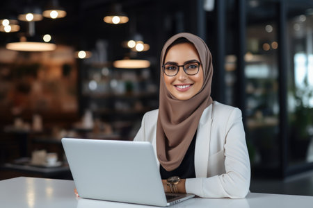 A woman working on her laptop at a table, embracing the concept of remote work, Portrait of successful Muslim businesswoman inside office with laptop, AI Generatedの素材