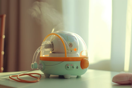 A humidifier is seen on a table near a window, enhancing air quality and maintaining optimal moisture levels, A child-friendly, cartoon styled nebulizer, AI Generatedの素材