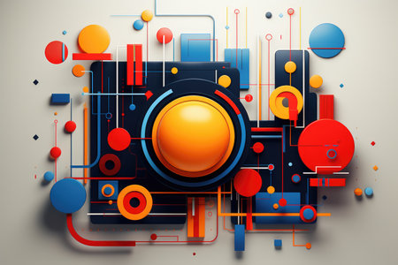 An abstract photograph capturing the essence of a camera amidst a vibrant array of colorful shapes, Vibrant composition of geometric tech symbols, AI Generatedの素材