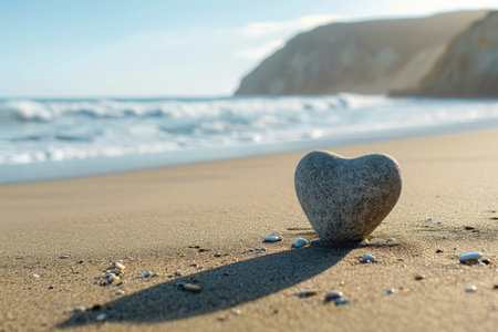 A heart shaped rock rests on the sandy beach, creating a captivating natural scene, A heart-shaped stone balanced on a tranquil beach, AI Generatedの素材