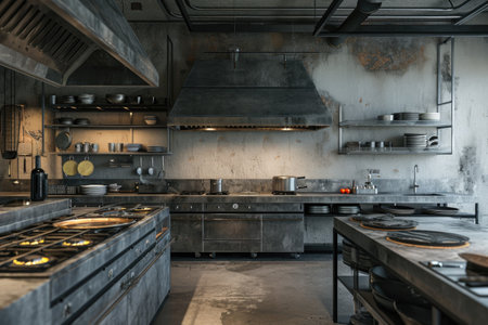 Spacious Industrial Kitchen With Ample Counter Space for Efficient Cooking Operations, A grungy, industrial style empty restaurant kitchen with metallic surfaces, AI Generatedの素材