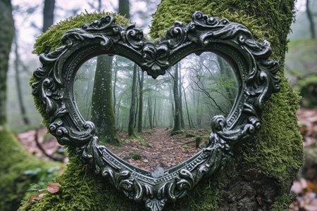 A mesmerizing heart shaped mirror rests gracefully on top of a lush, moss covered tree in natures enchanting embrace, A heart-shaped mirror reflecting an enchanting forest, AI Generatedの素材