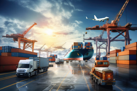 A cargo truck and ship driving side by side, transporting goods together on land and water, Logistics and transportation of goods by ship, airplane, truck, and container are showcased, AI Generatedの素材