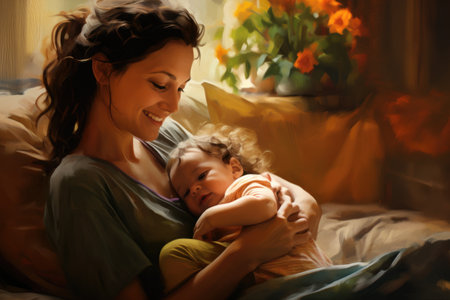A captivating painting depicting the love and tenderness between a mother and her child, Portrait of happy mother playing with her little baby at home, AI Generatedの素材