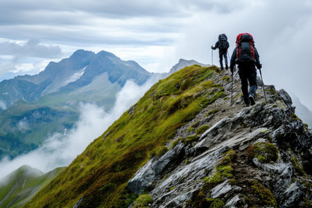 Two individuals are seen ascending the steep slope of a majestic mountain during a thrilling hiking adventure, A hiker opening the way for a friend to conquer the mountain, AI Generatedの素材