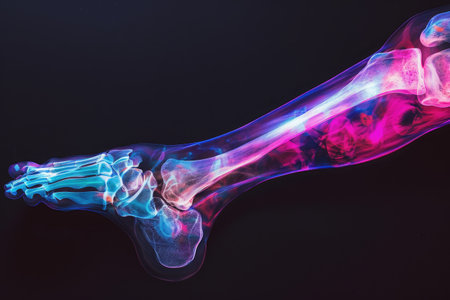 A vibrant, close-up photo of a human foot with a colorful light shining on it, 3D coloured interpretation of a human leg X-ray, AI Generatedの素材