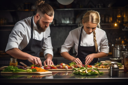 A couple of people stand in front of a table filled with delicious food at a gathering, Team of young chefs preparing delicatessen dishes, AI Generatedの素材