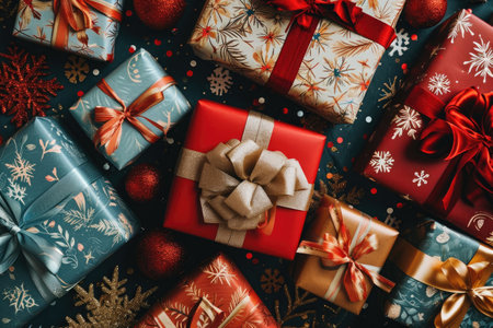A collection of neatly wrapped presents displayed on a table, ready to be opened, A bird's-eye view of multiple gift boxes scattered on a festive background, AI Generatedの素材