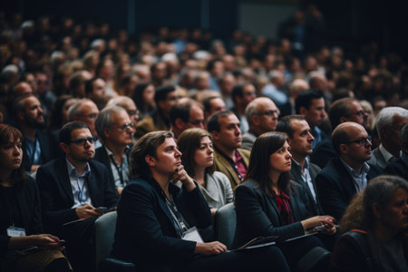 A diverse gathering of individuals seated together in a space, perhaps for a business meeting or social gathering., People in audience at the conference hall, AI Generatedの素材