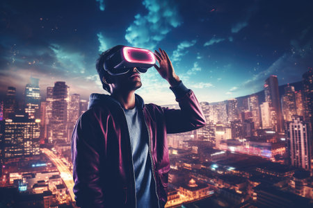 A man wearing a virtual reality headset stands in front of a city at night, Man playing video games with a virtual reality headset against a night city background, AI Generatedの素材