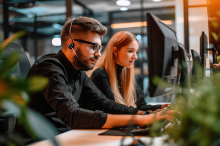 A man and a woman sitting side by side in front of a computer, engaged in teamwork and productivity, A customer service representative helping a user with technical problems, AI Generatedの素材