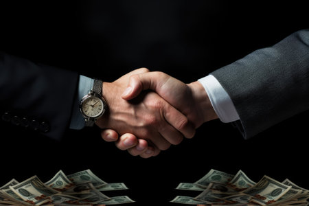 Two individuals engage in a handshake atop a stack of currency, The concept of a transaction involves a handshake between businessmen, AI Generatedの素材