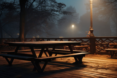 A photo capturing a picnic table illuminated by the night sky on a rustic wooden deck, Wooden table on the background of the evening foggy park, AI Generatedの素材