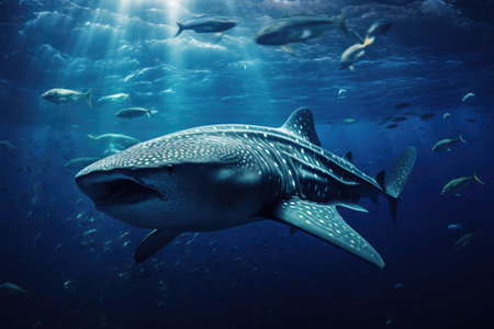 A majestic whale gracefully swims in the vast ocean while being accompanied by a multitude of fish, Whale shark and a school of sharks in the deep blue ocean, AI Generatedの素材