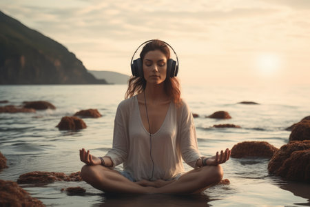 A woman enjoying the serenity of water while listening to music through her headphones, Young woman in headphones on the seashore doing meditation and yoga, AI Generatedの素材