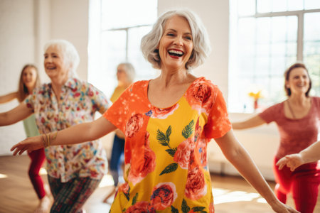 A vibrant image of a group of older women dancing gracefully in a well-lit dance studio., Middle-aged women enjoying a joyful dance class, AI Generatedの素材