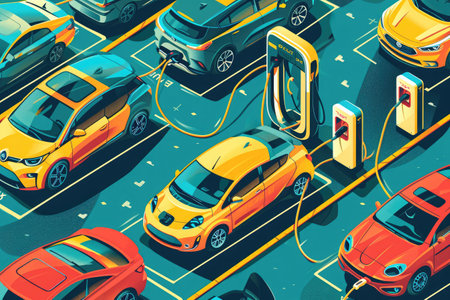 This photo captures a wide array of cars parked in a lot adjacent to a city building, A colorful illustration of various electric vehicles charging at a station, AI Generatedの素材