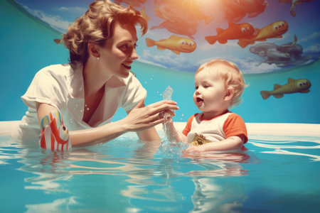 A woman lovingly holds her baby in a pool of water, enjoying a delightful bonding moment., Mother teaching baby swimming pool, AI Generatedの素材