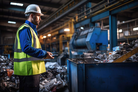 A man wearing a safety vest stands beside a bin filled with trash, ready to dispose of it, Mechanical engineer inspects waste recycling system in factory, AI Generatedの素材