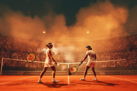Two tennis players holding racquets stand on a tennis court, ready to play a match, Tennis players during a heated rally in a grand slam event, AI Generatedの素材
