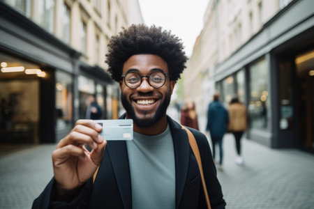 A man capturing a candid moment by taking a selfie with a camera, Happy black man holds his credit card towards the camera, AI Generatedの素材