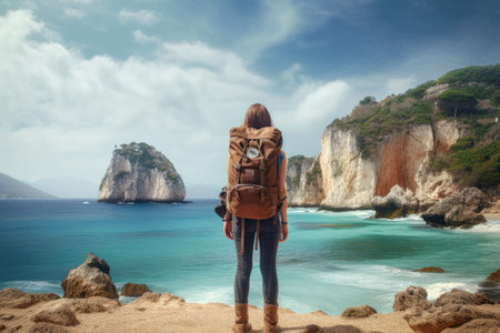 Person Backpack Ocean Looking Out, Young woman with a backpack photographed on the beach of Zakynthos island, Greece, AI Generatedの素材