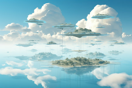A captivating image of a floating island situated in the center of a tranquil body of water, Translucent layers of cloud computing depicted as floating islands, AI Generatedの素材