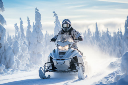 A person rides a snowmobile through a snowy landscape, man driving snowmobile in Finnish Lapland, AI Generatedの素材