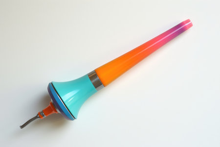 A vibrant toothbrush rests on a plain white table, creating a striking contrast, A brightly colored otoscope, AI Generatedの素材
