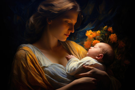 A captivating painting that depicts a woman gently cradling a baby in her arms, Woman with newborn baby, AI Generatedの素材