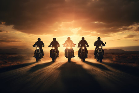 A group of people riding motorcycles together down a scenic road with beautiful landscapes, group of motorcycle riders riding toghether at sunset, AI Generatedの素材
