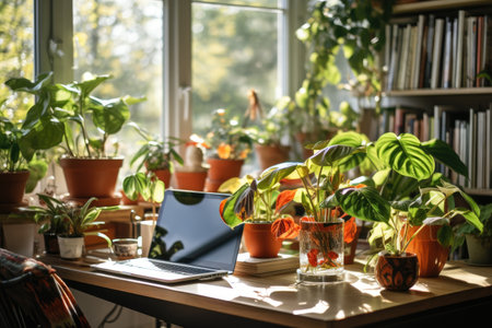 A laptop computer placed on a wooden desk, providing a space for efficient productivity and work, Working at home houseplant, AI Generatedの素材