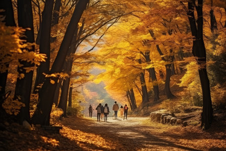 A diverse group of individuals walking together on a dirt road in the picturesque rural countryside, Group of tourists walks along the path of the autumn forest, AI Generatedの素材